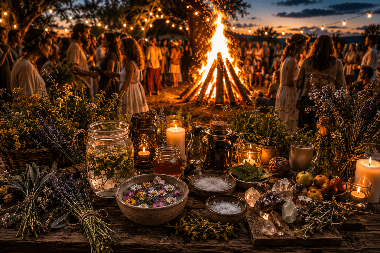 Altar ritual de San Juan con hierbas aromáticas, cristales, velas, agua floral y laurel sobre una mesa de madera, frente a una gran hoguera rodeada de personas durante una celebración nocturna.