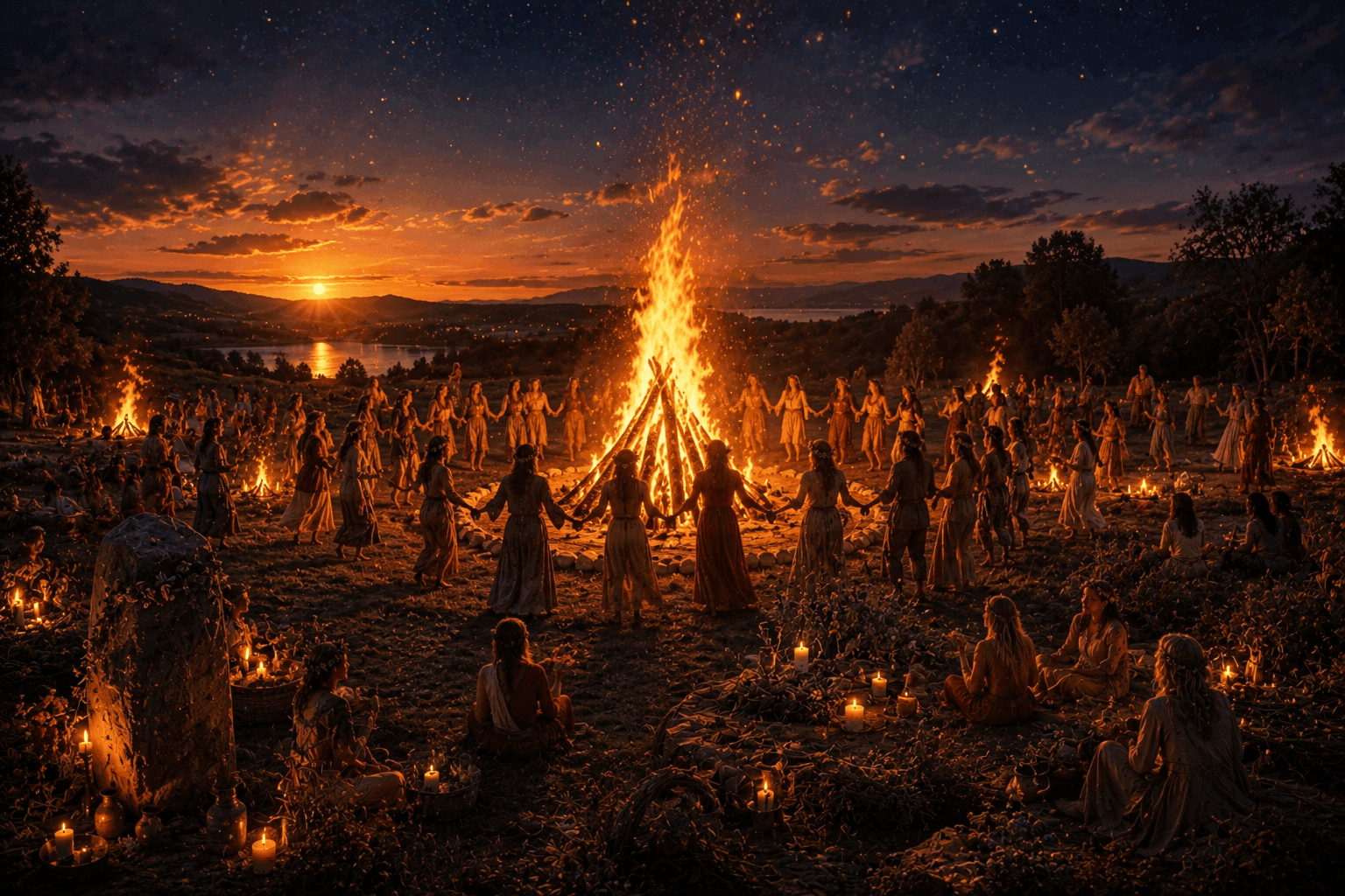 Grupo de personas reunidas alrededor de una gran hoguera durante la Noche de San Juan, formando un círculo al aire libre al atardecer, rodeadas de velas, flores y pequeñas fogatas bajo un cielo estrellado.