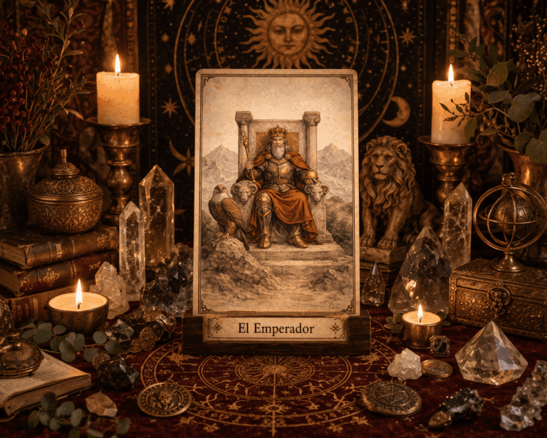Carta de El Emperador del Tarot en un altar con velas y cristales.