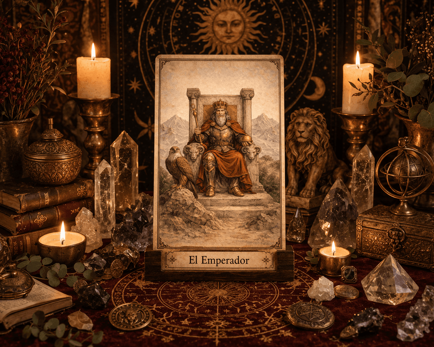Carta de El Emperador del Tarot en un altar con velas y cristales.