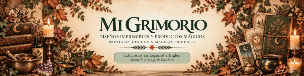 Banner de la tienda de Etsy Mi Grimorio, con diseños imprimibles y productos mágicos en español e inglés.