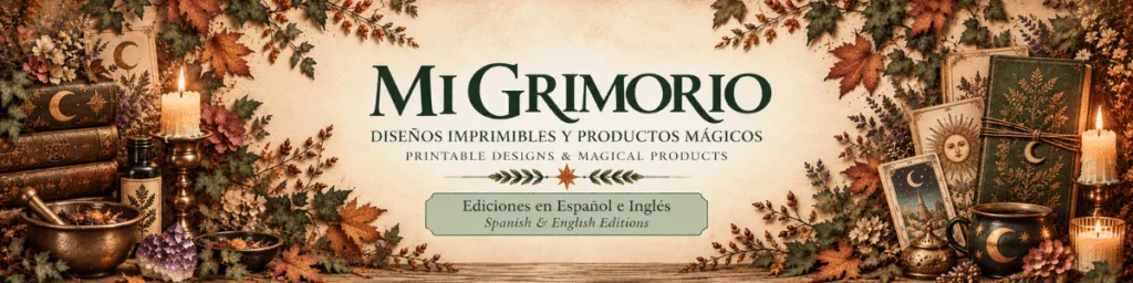 Banner de la tienda de Etsy Mi Grimorio, con diseños imprimibles y productos mágicos en español e inglés.