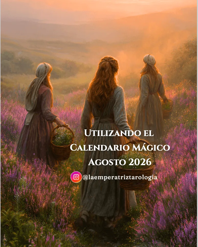 Tres mujeres recolectando hierbas en un campo al atardecer, portada del Calendario Mágico de Agosto 2026.